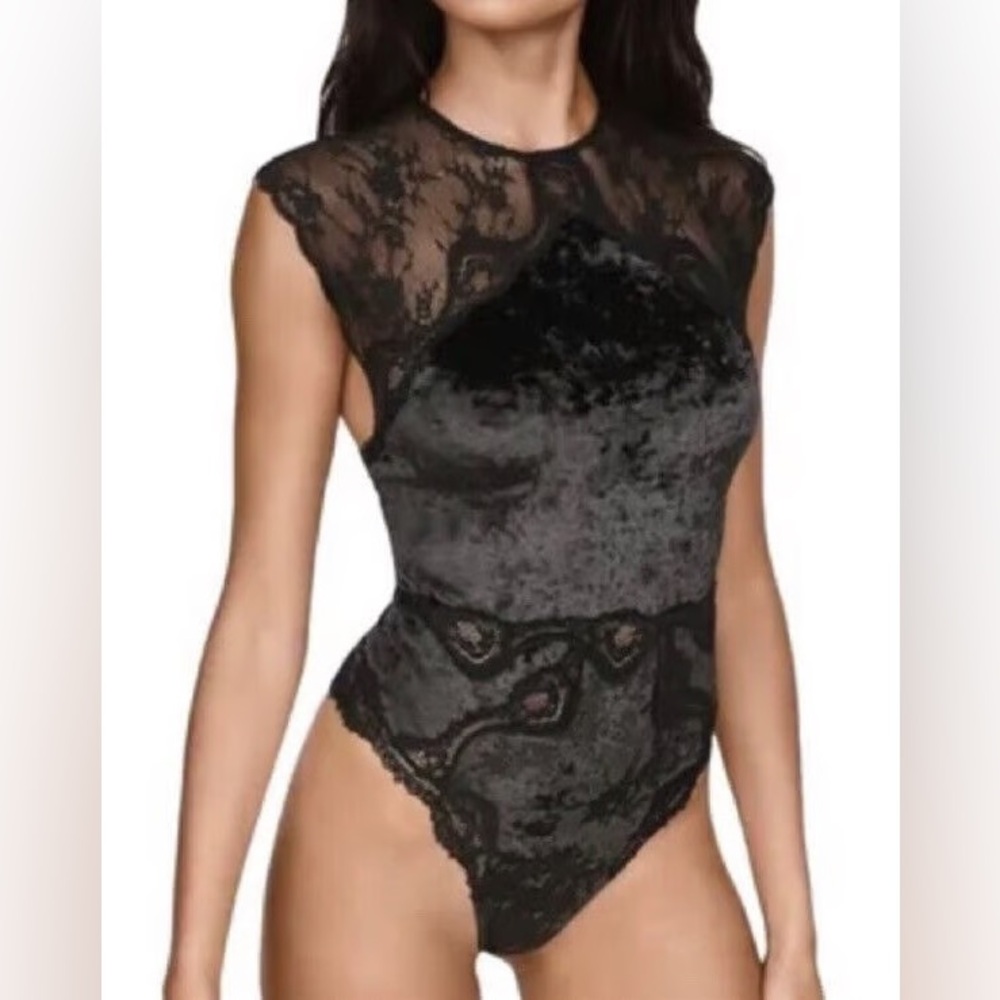 Lace Velvet Bodysuit Lingerie Sheer Mesh Cutout Open Back Whimsygoth Sz S Vamp